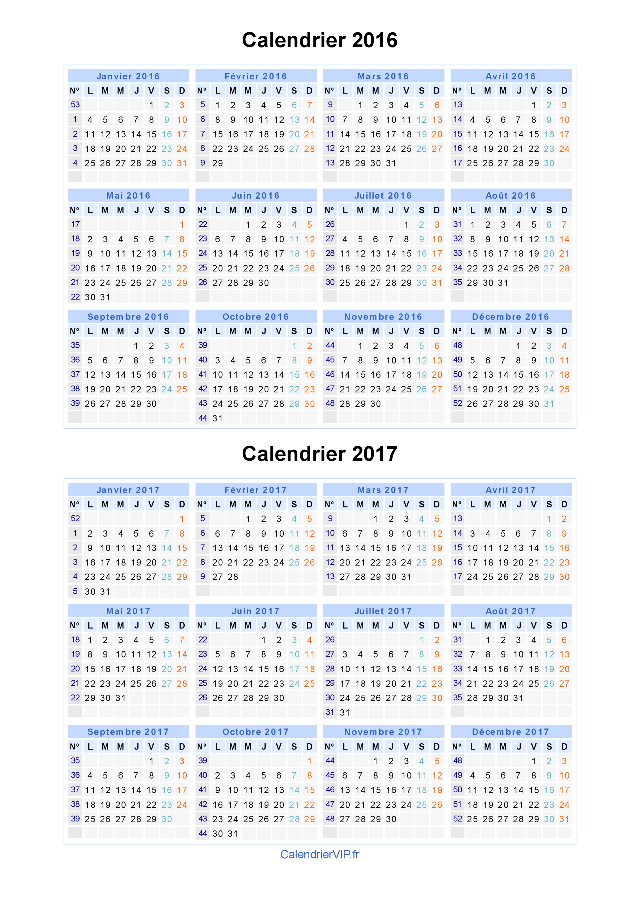 Calendrier 2016 et 2017 à imprimer