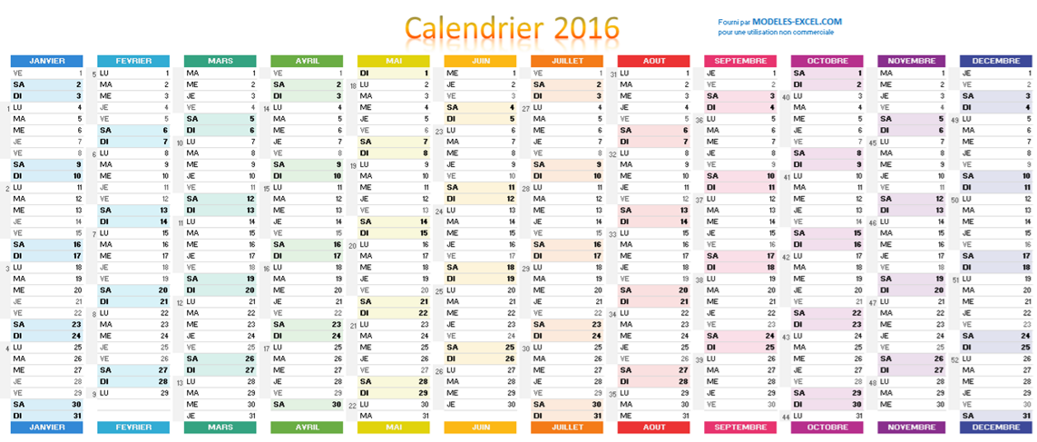 Excel calendrier 2016