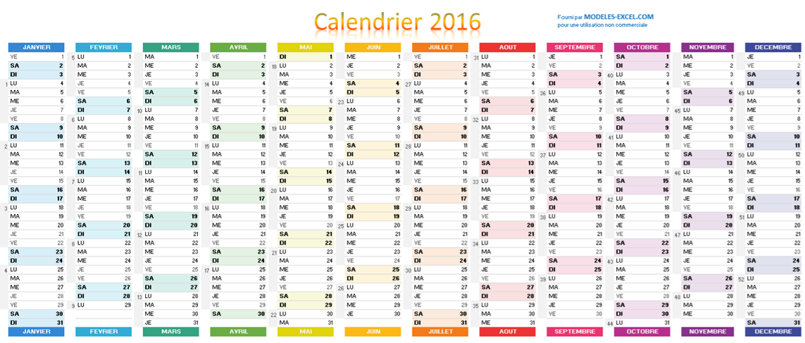 Tableau calendrier 2016 excel
