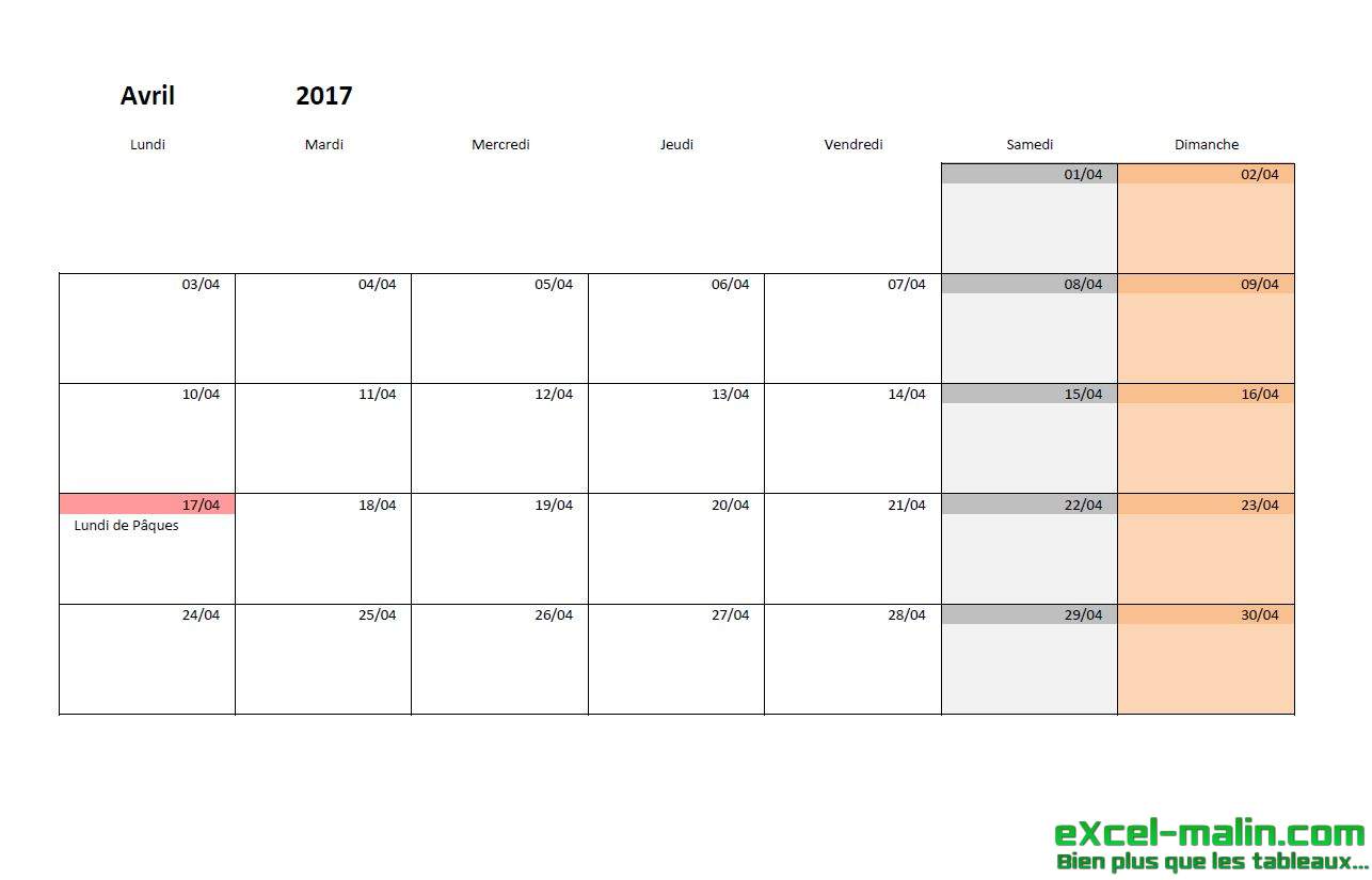 Calendrier mensuel excel 2017