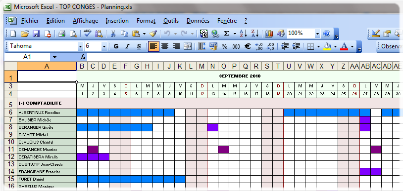 Planning sous excel