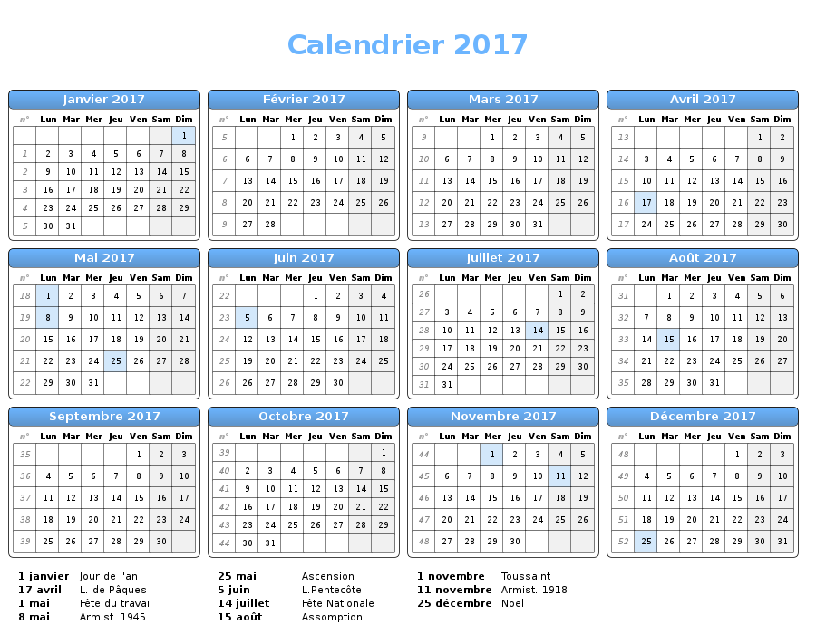 Calendrier 2017 une page
