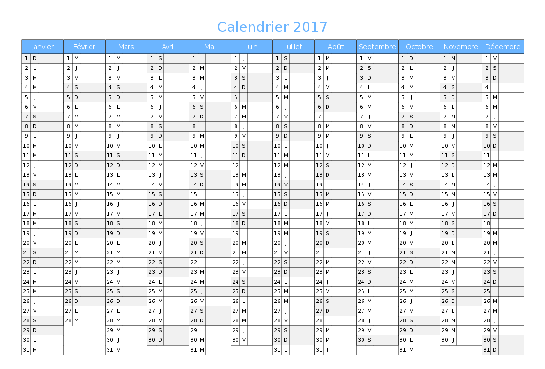 Tableau calendrier 2017