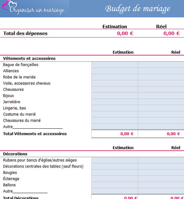 Planification mariage excel