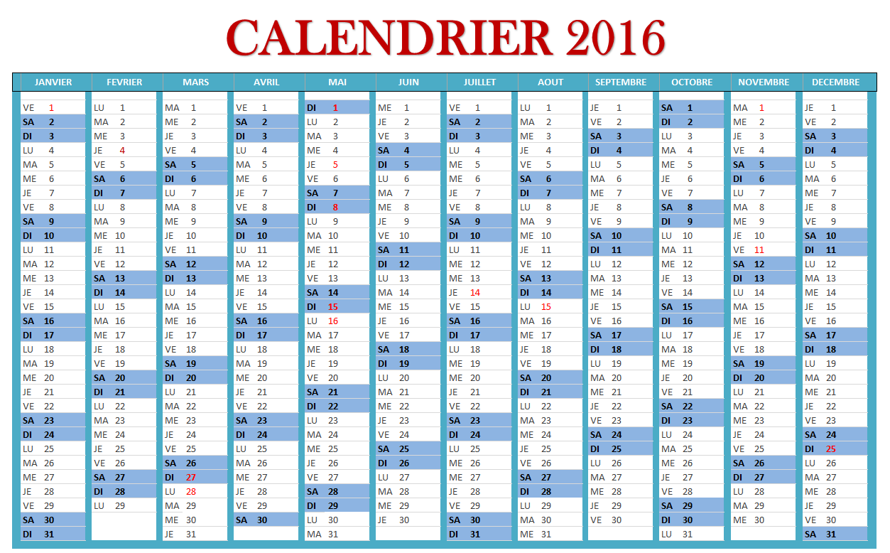 Calendrier 2016 pdf avec semaines