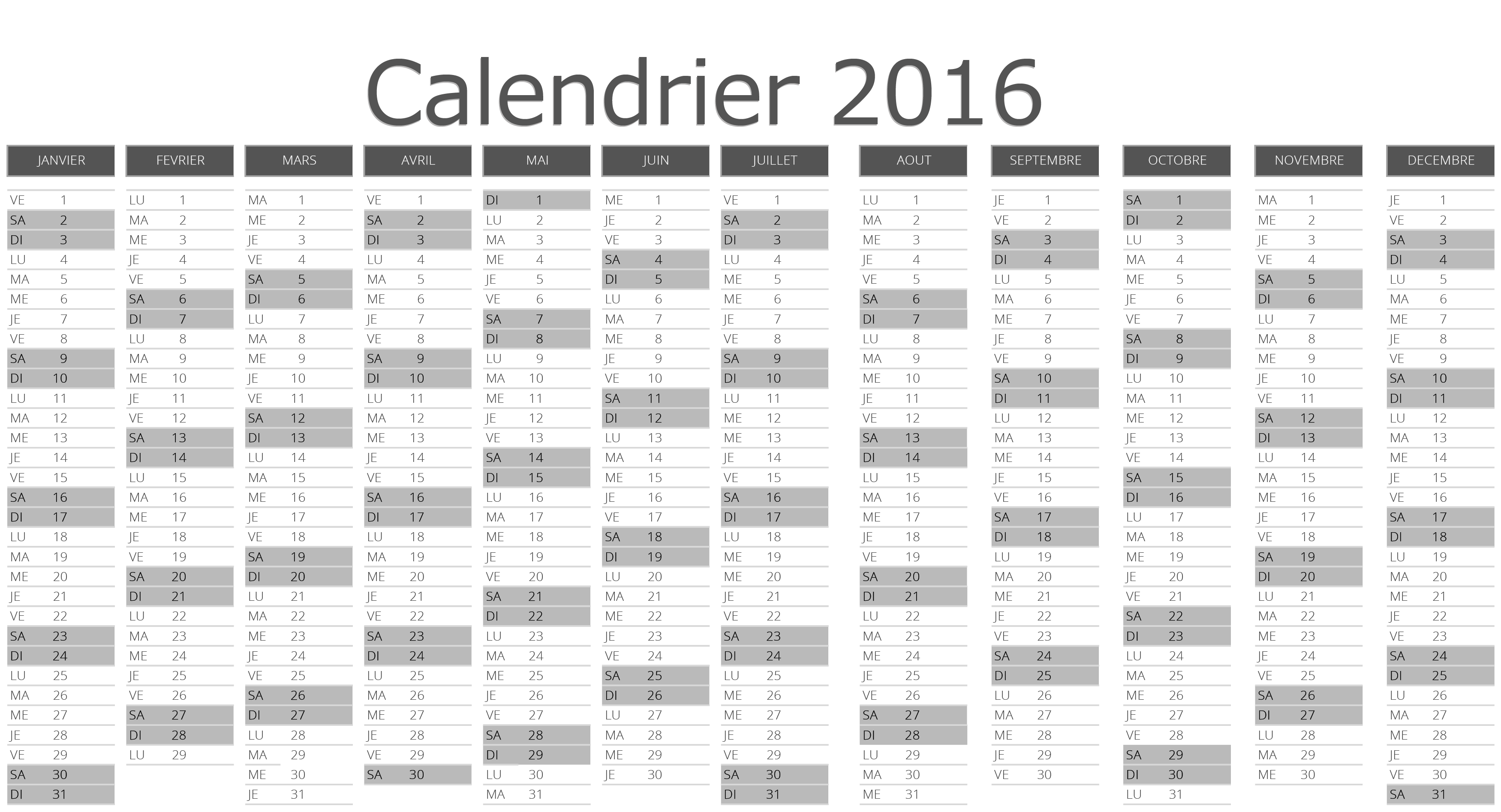 Calendrier 2016 format excel gratuit
