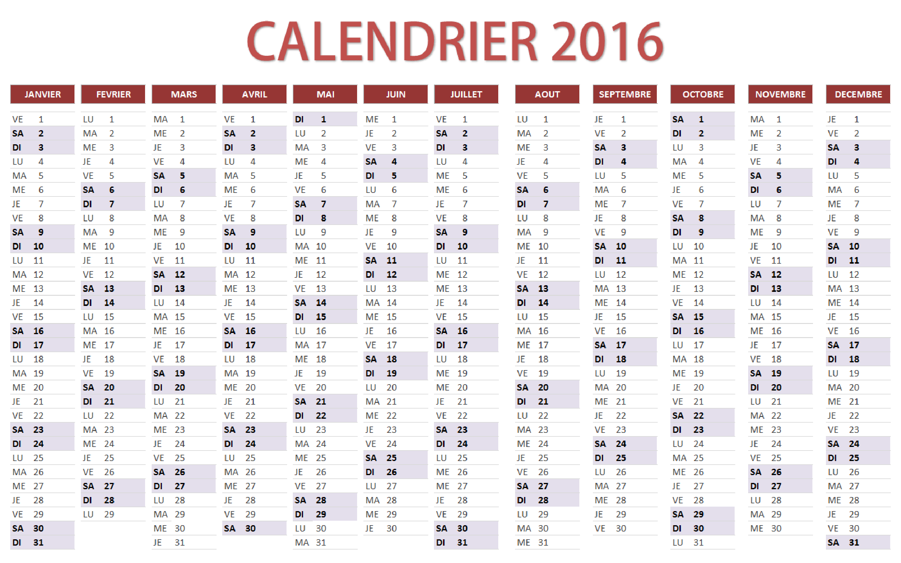 Calendrier 2016 avec numero de semaines