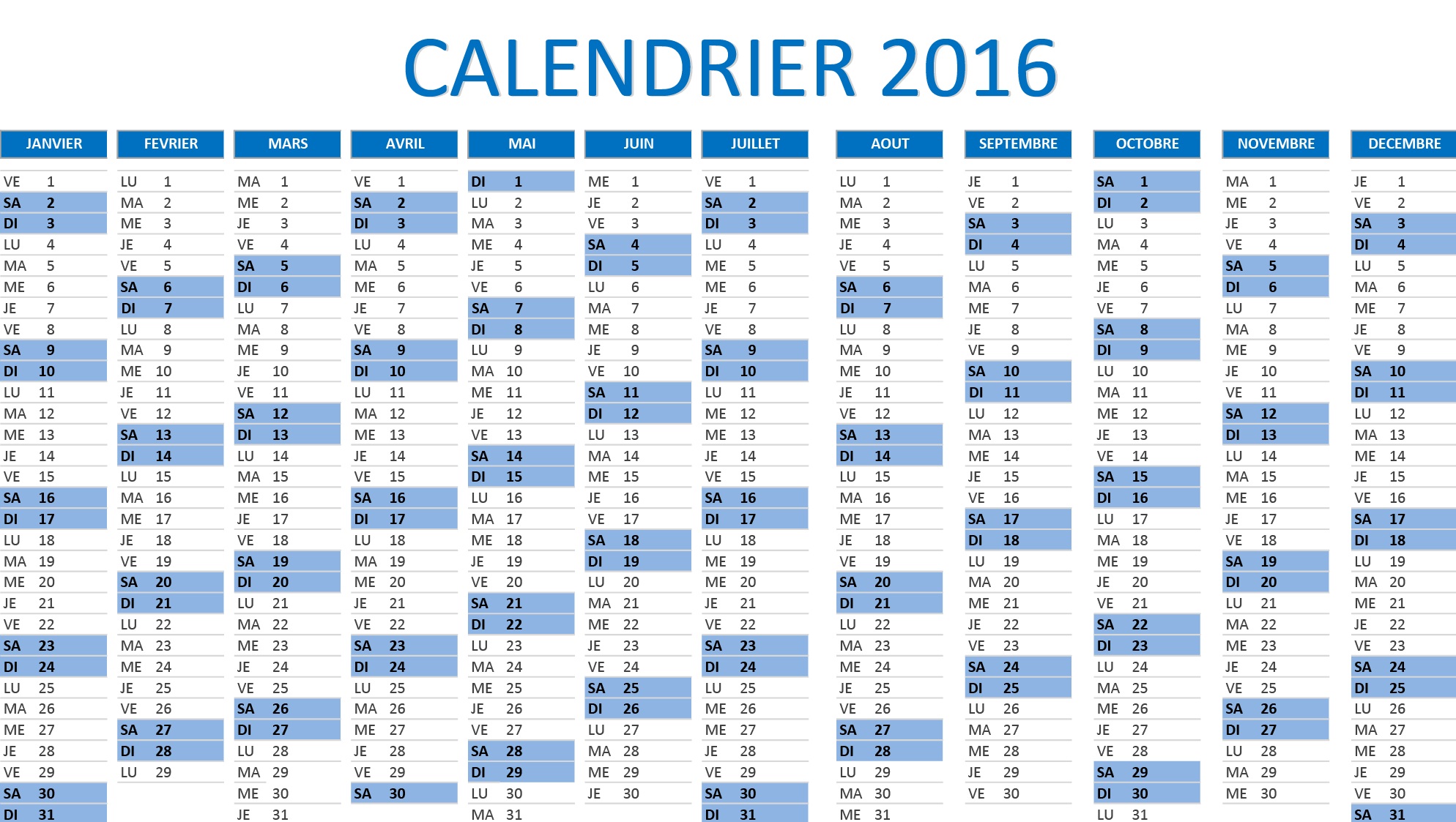 Planning vacances 2016 excel