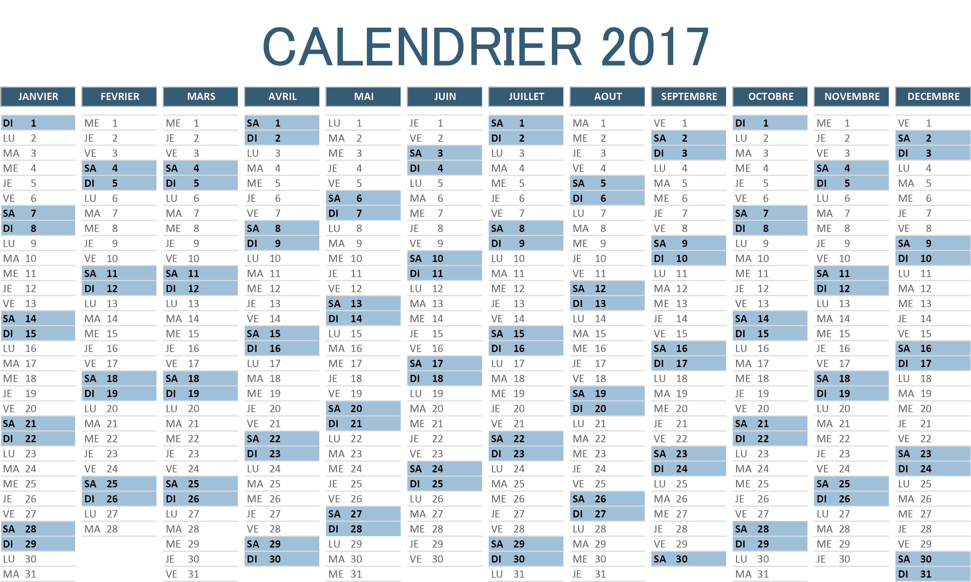 Calendrier 2017 excel
