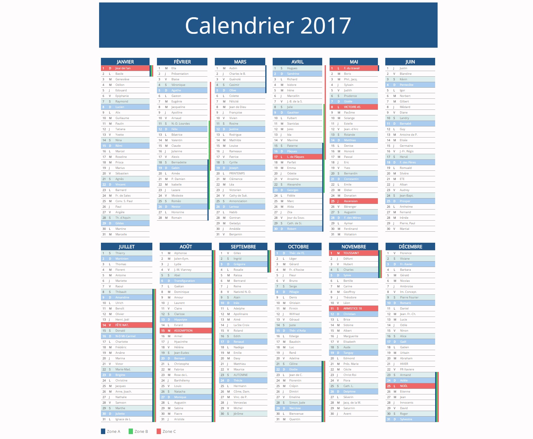 Calendrier 2017 et jours fériés