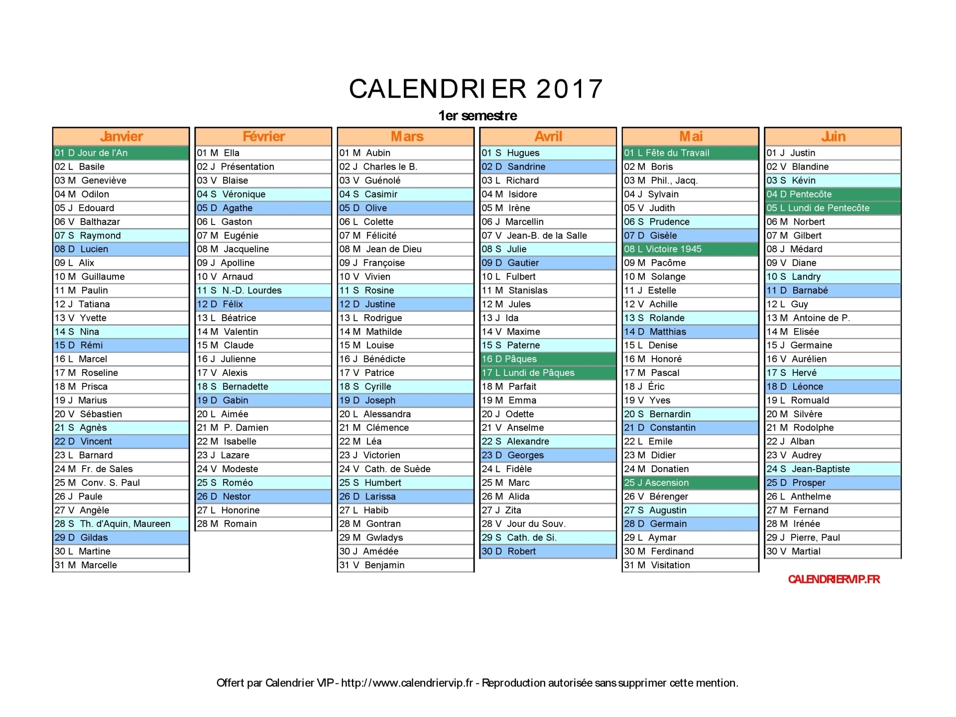 Calendrier avec jours fériés 2017