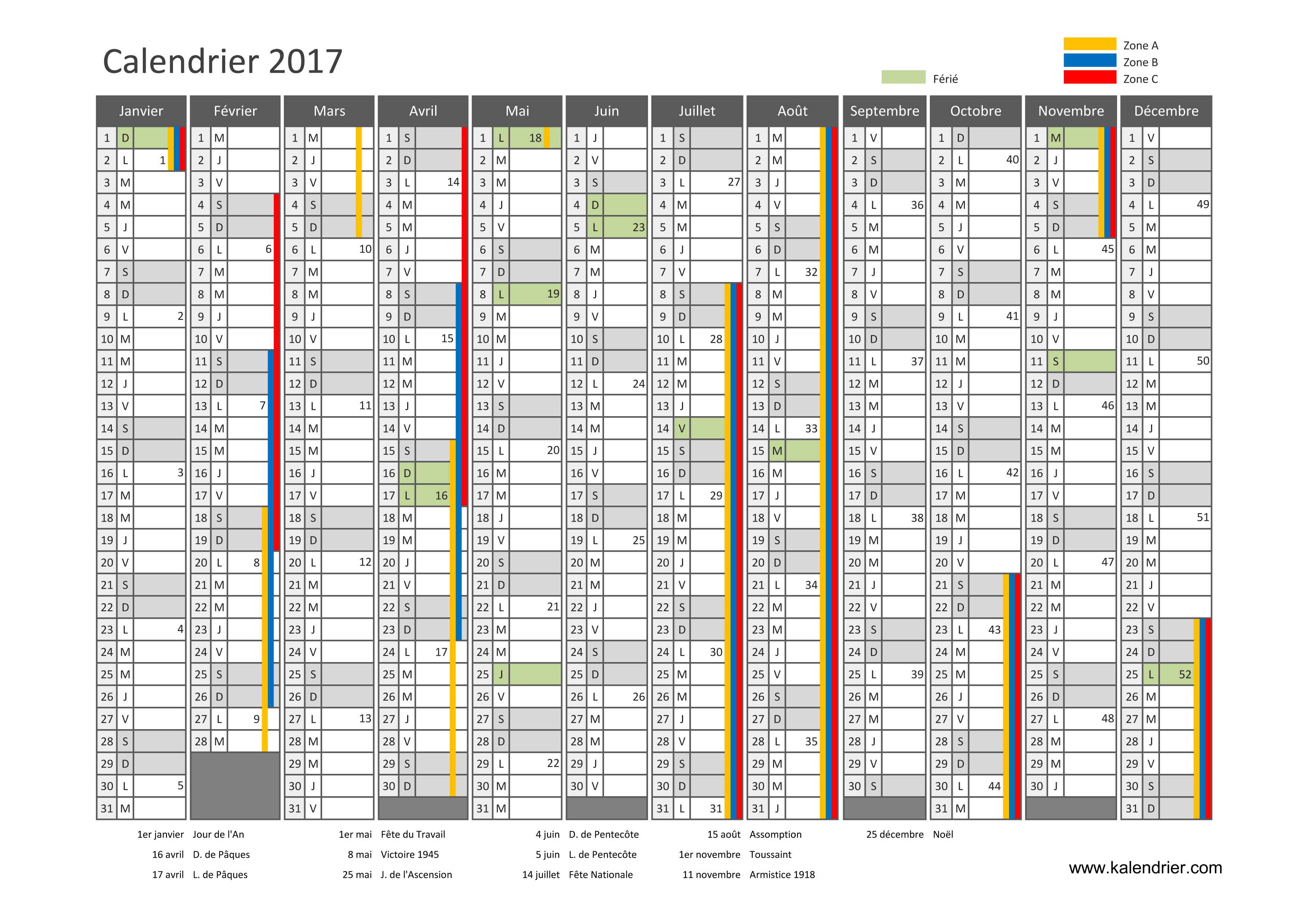 Calendrier annuel 2017 avec jours fériés