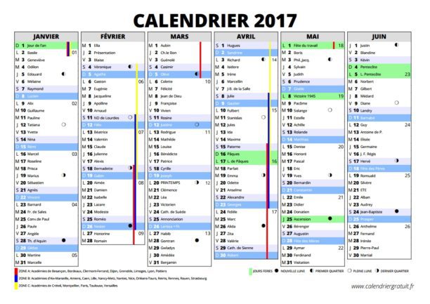 Calendrier 2017 avec jours fériés