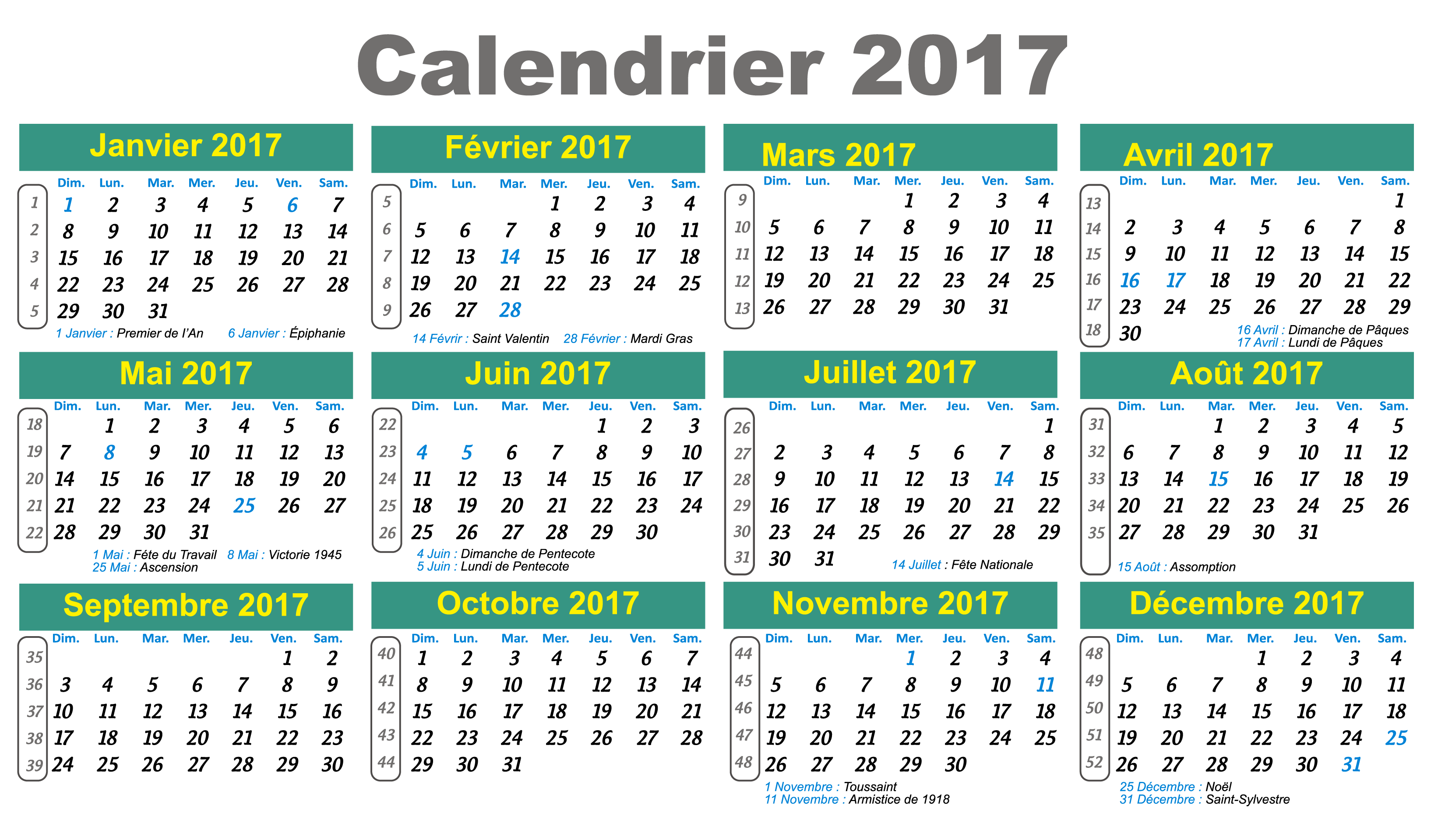 Calendrier 2017 Avec Numéros De Semaines Young Planneur