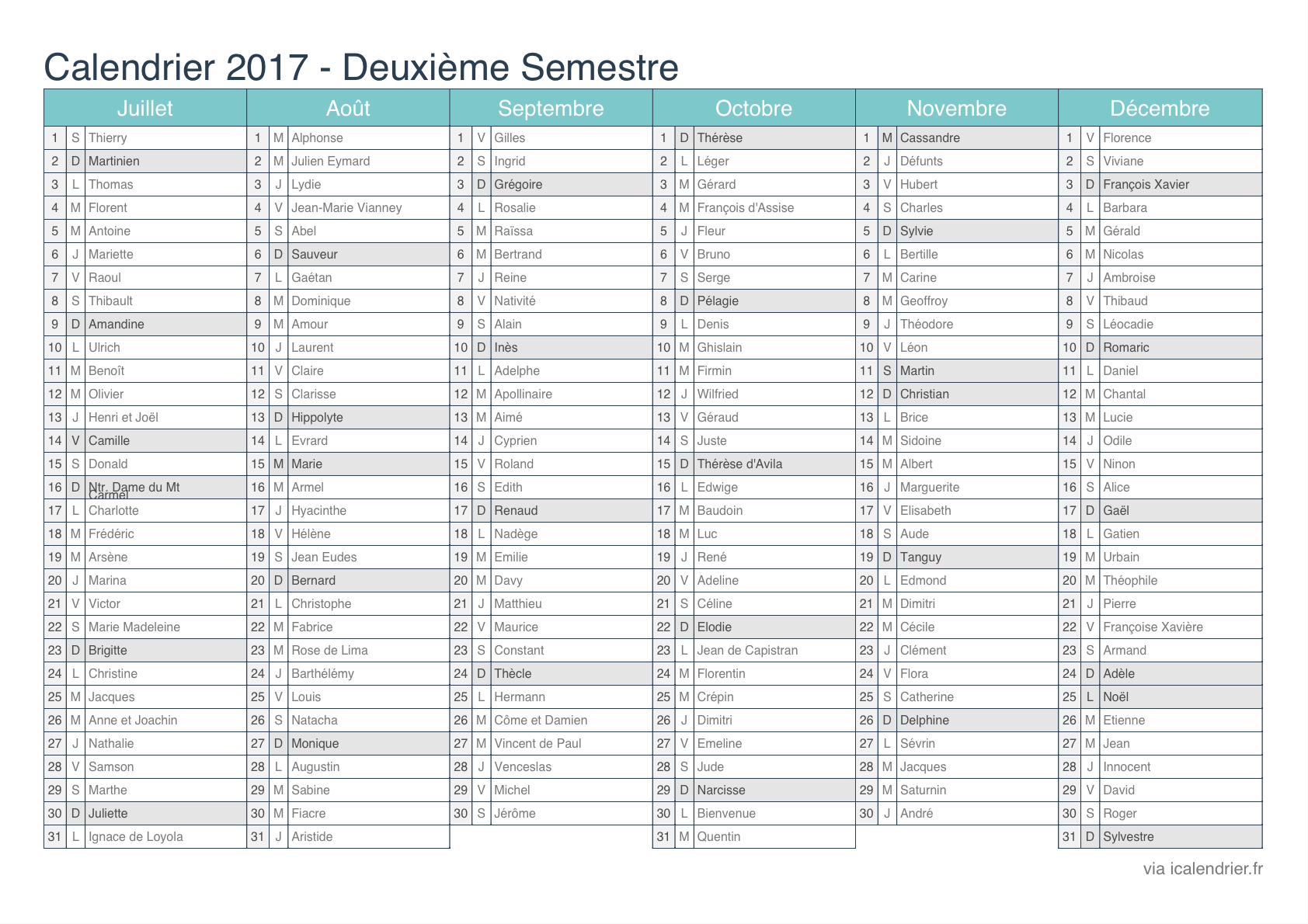 Calendrier annuel 2017 avec vacances scolaires