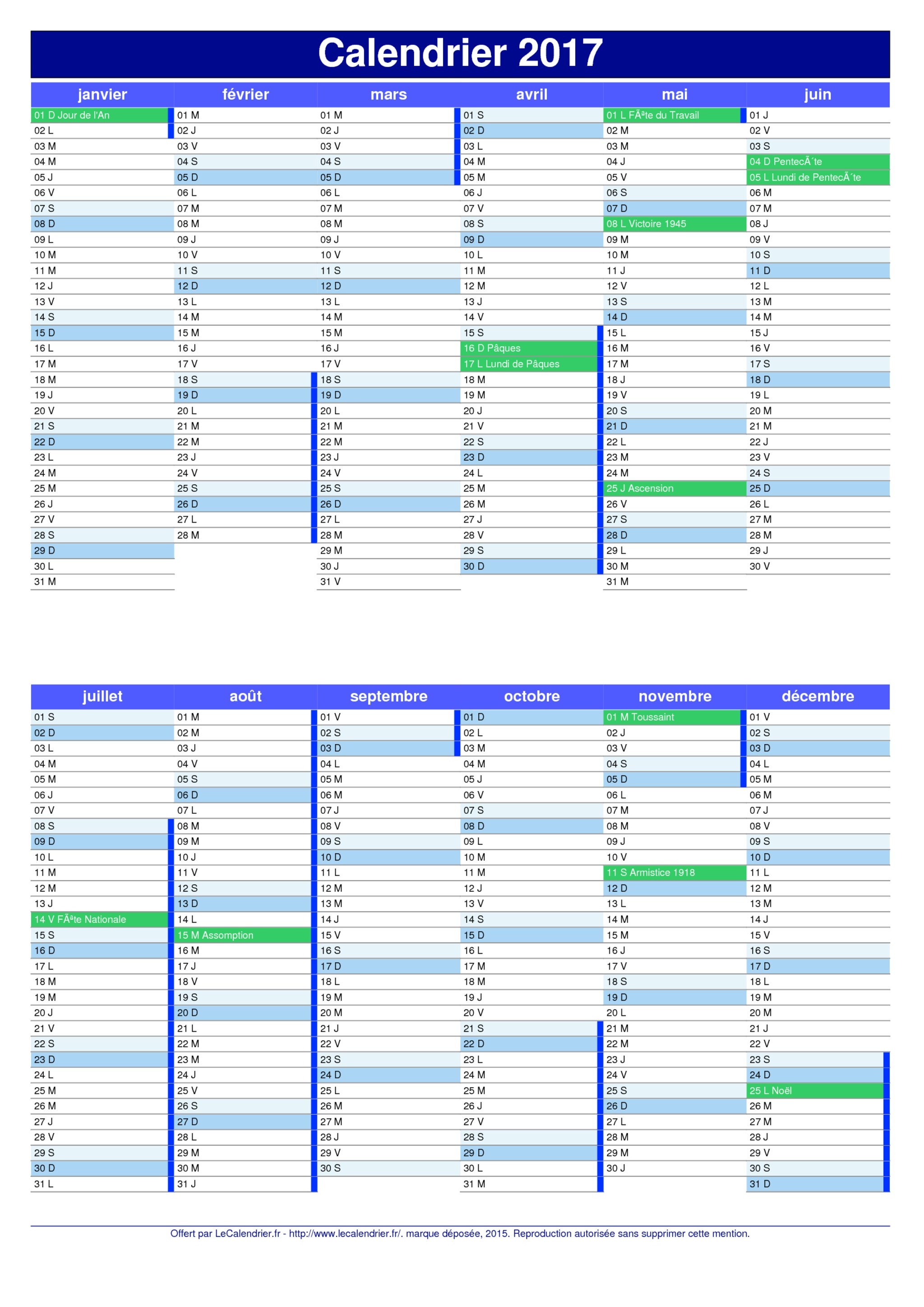 Calendrier 2017 avec semaine et vacances scolaires