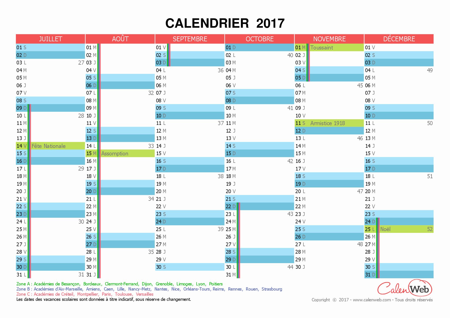Année 2017 calendrier