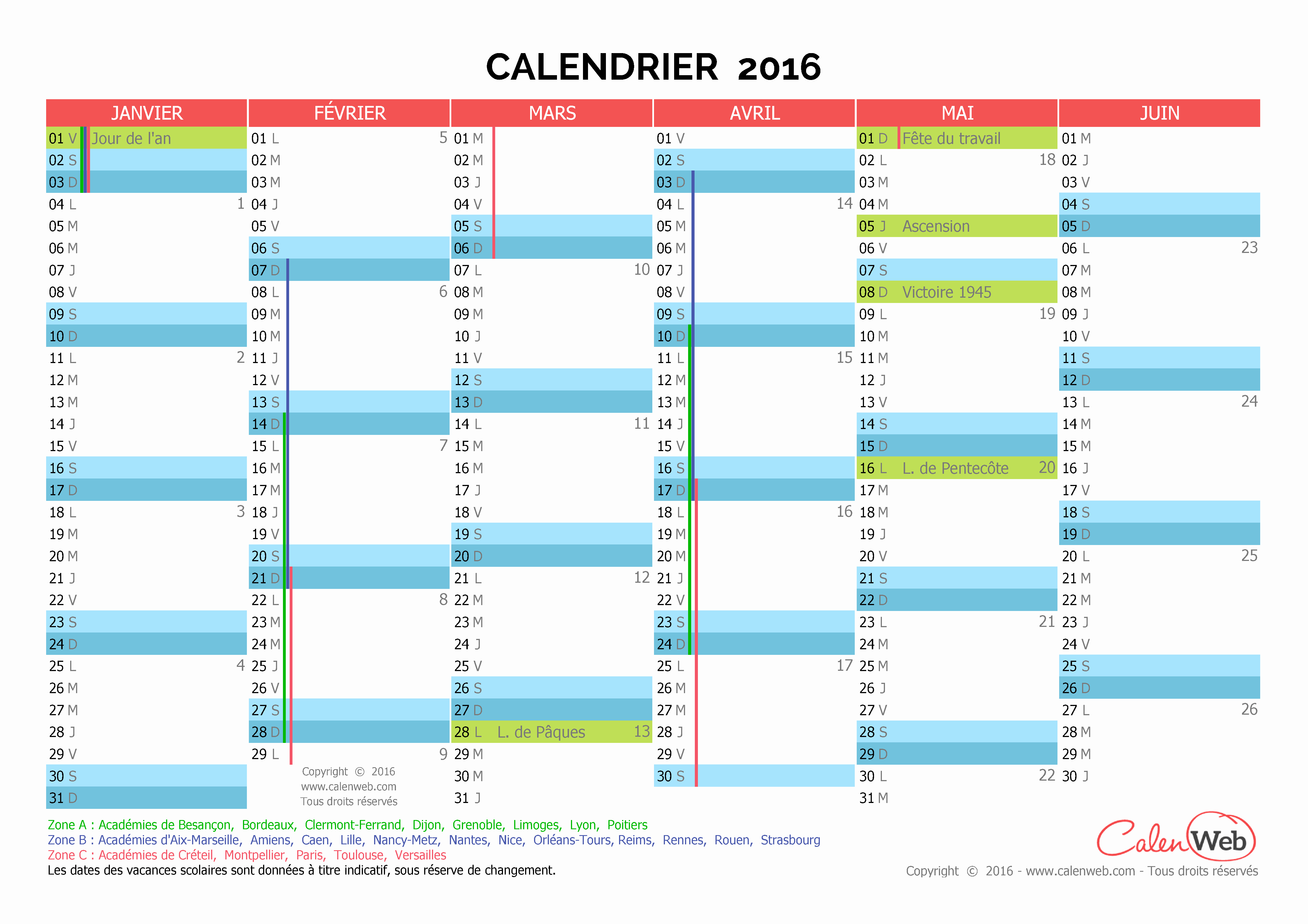 Calendrier 2016 avec jours fériés gratuit à imprimer