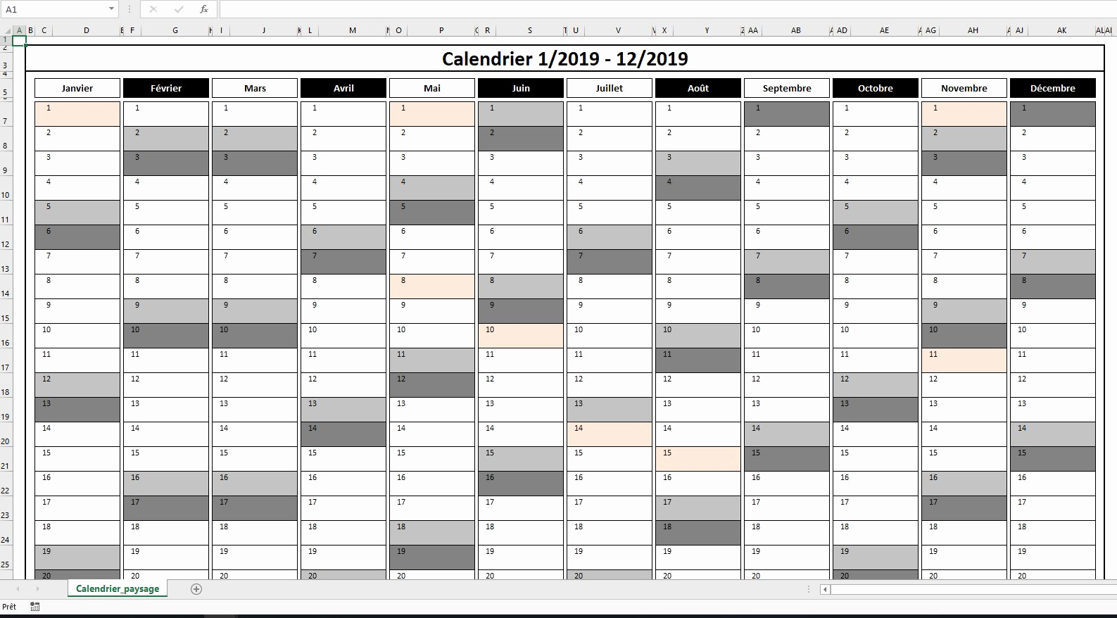 Calendrier excel modifiable