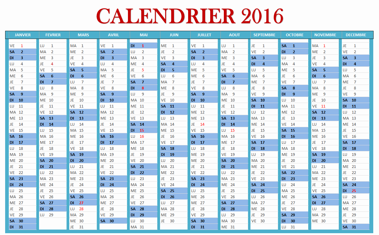 Calendrier 2016 format excel