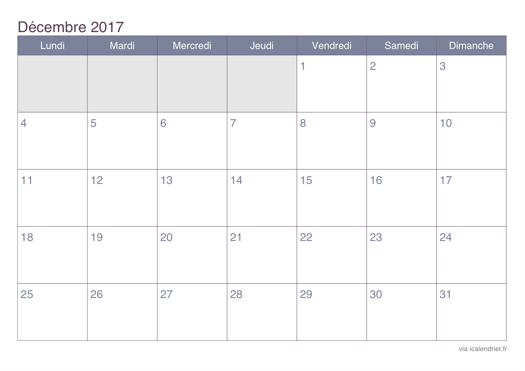 Calendrier 2017 planning