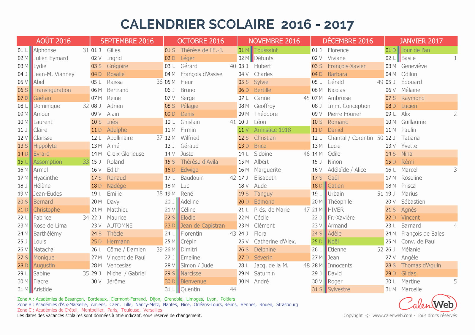 Calendrier 2016 et 2017 avec jours fériés
