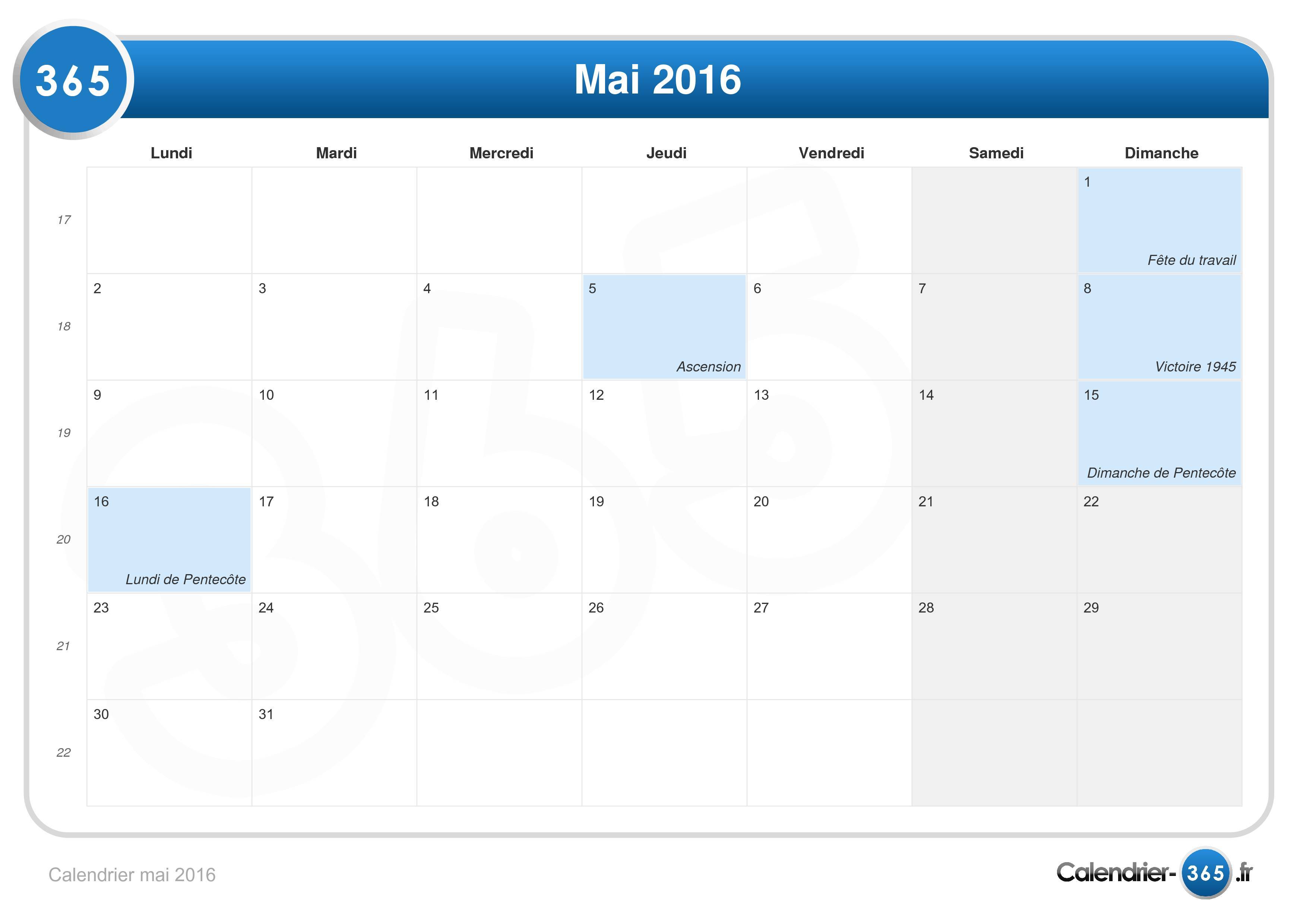 Calendrier 2016 avec jours fériés