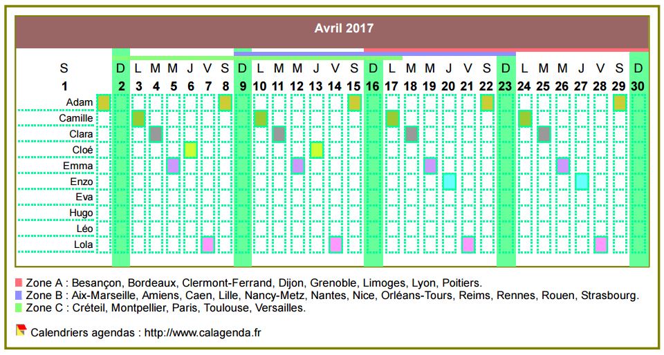 Planning calendrier 2017