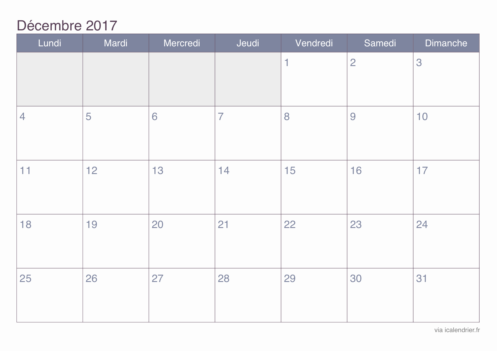 Calendrier mensuel 2017 excel