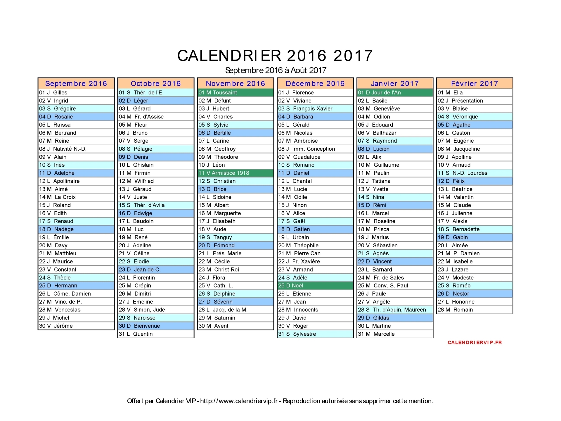 Calendrier excel 2016 avec jours fériés