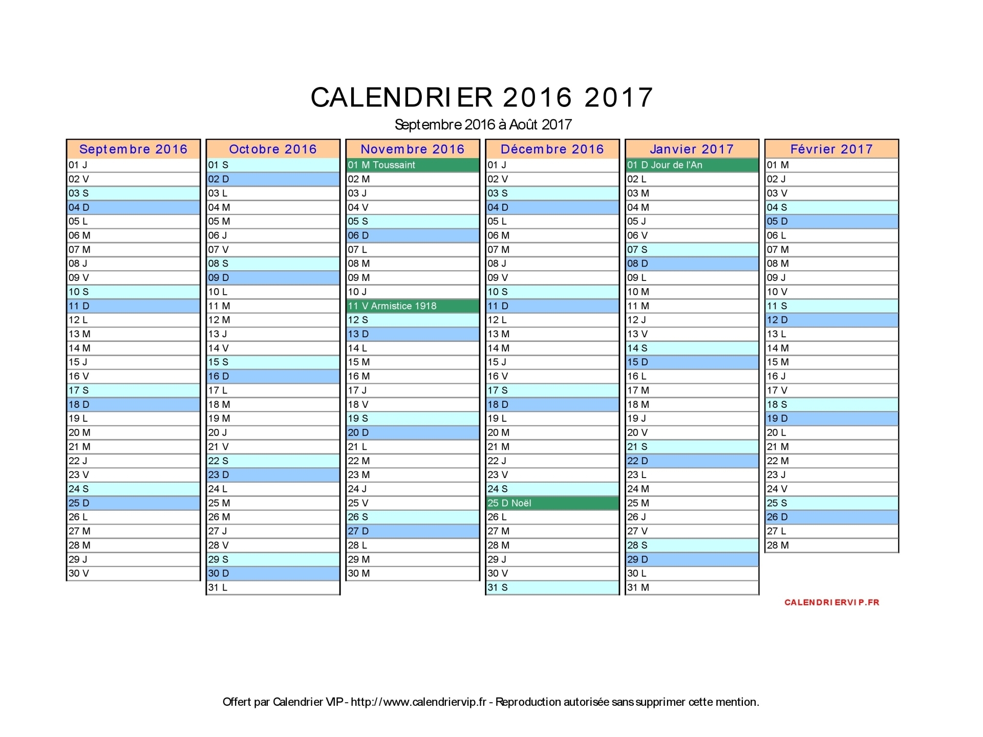 Tableau excel calendrier 2016