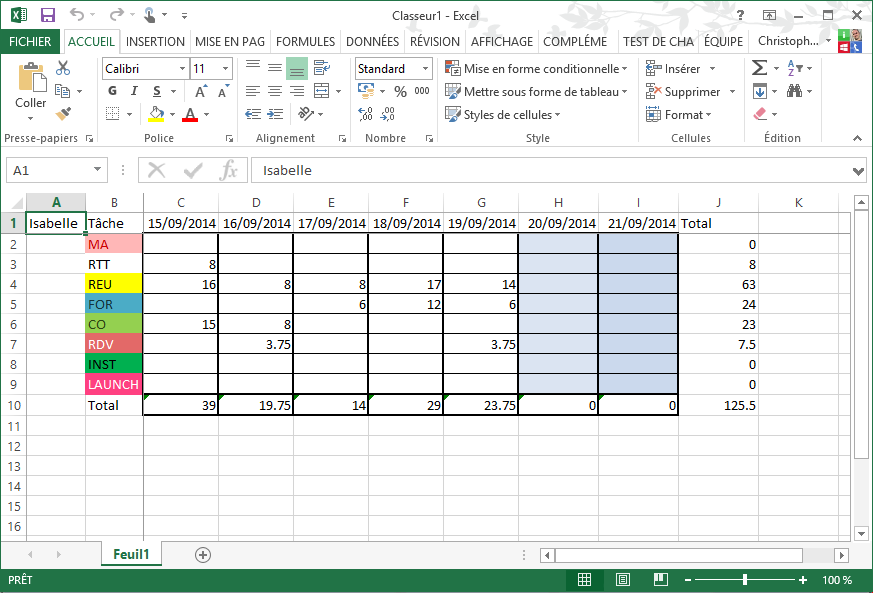 Planning horaire excel