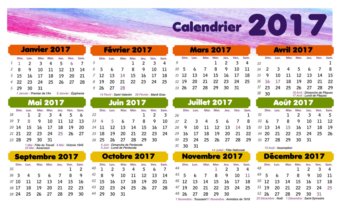 Calendrier 2017 avec numero de semaines